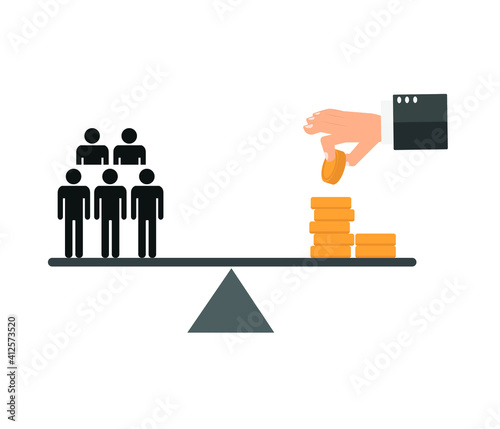 Equal arm balance scales. people, equality and money concept.