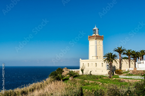 Lighthouse Dividing Atlantic Ocean and Strait of Gibralter, Cape Spartel, Morocco.