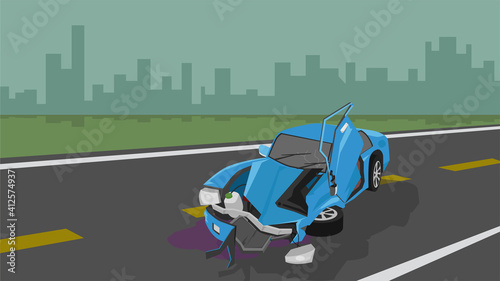 Damage of blue car crash and accident cannot drive on asphalt road. The front and door is severely damaged. The equipment is broken. with silhouette background of city at night.
