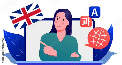 English teacher teach online vector illustration. Distance education, online learning concept.