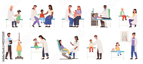 A set of illustrations on the topic children with parents at the appointment. Kids in the hospital. The pediatrician examines and analyzes the health status of patients. Physician helps treat people