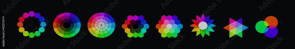 set of color swatches cartoon icon design template with various models. vector illustration isolated on black background set of color swatches cartoon icon design template with various models. vector illustration isolated on black background