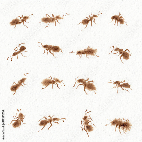 Set with sixteen differentsl forms ants pictures. Coffee hand drawn on watercolor paper