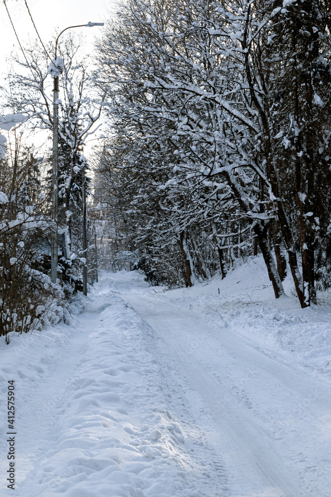 Snow road. Frosty, winter day.