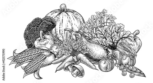 Vegetables and fruit food produce illustration in a vintage retro woodcut etching style.