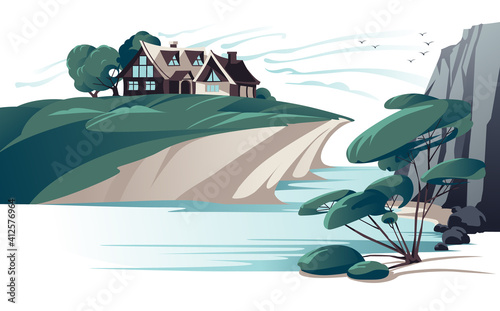 Secluded house on river bank flat color vector illustration. Empty river coast rock and alone tree cartoon landscape. Countryside scenery Ecotourism.