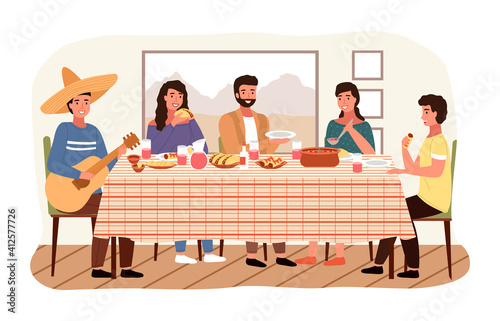 Whole family is eating mexican food at home vector illustration. Relaties in national costumes are having dinner together. Dining table with tacos and burritos. Man in a sombrero plays the guitar