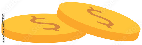 Pile of coins for clip art. Gold money isolated on the white background. Means to pay for goods and purchases. Money, American currency flat vector illustration. Metal penny with dollar symbols