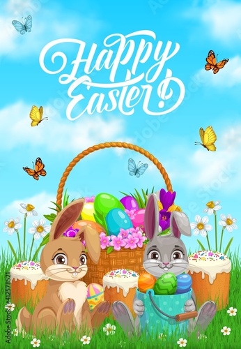 Happy easter rabbits with eggs, paschal cakes and flowers in wicker basket. Happy easter christian holiday greeting card or poster with bunnies sitting on spring meadow after egg hunt cartoon vector