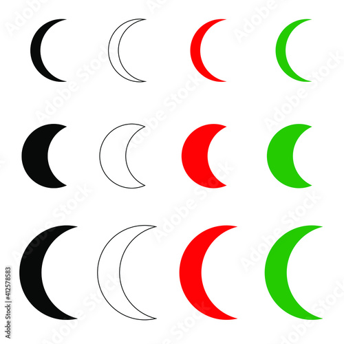 Crescent Moon Vector Icon Set in red, white, black and green as skinny and thick for space, Ramadan and Islamic concepts.