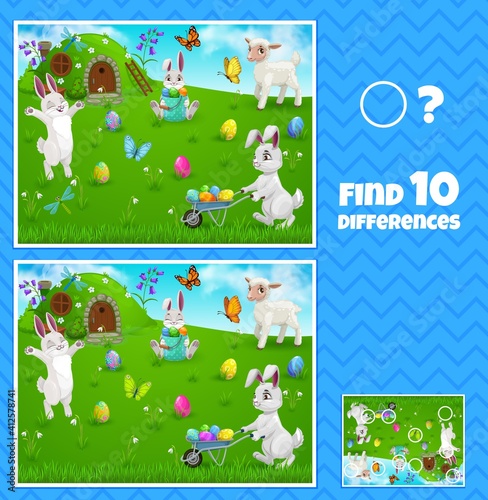 Easter egg hunt bunnies kids game of find ten differences, vector children education. Worksheet template of memory and logic puzzle with cartoon Easter eggs, rabbits, butterflies and lamb