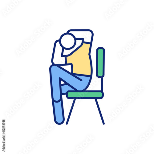 Chair exercises RGB color icon. Burning belly fat. Strengthening core while sitting. Joint stiffness and pain reduction. Increasing muscle strength. Exercising at office. Isolated vector illustration