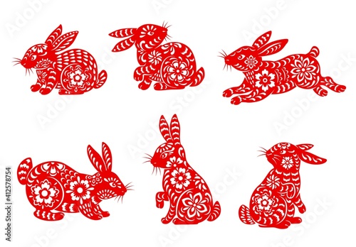 Chinese Lunar New Year rabbit isolated icons with vector animals of Asian zodiac. Red papercut rabbits of lunar calendar horoscope with oriental paper cut flower ornaments, Chinese New Year design
