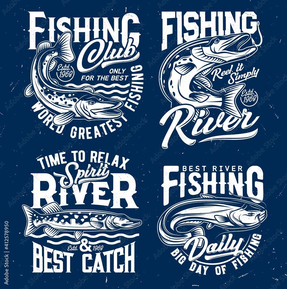 River fishing catch t-shirt print template with northern pike jumping out  from water and catching bite on hook, sheatfish or catfish engraved vector.  Fishing club emblem, apparel custom design print Stock Vector