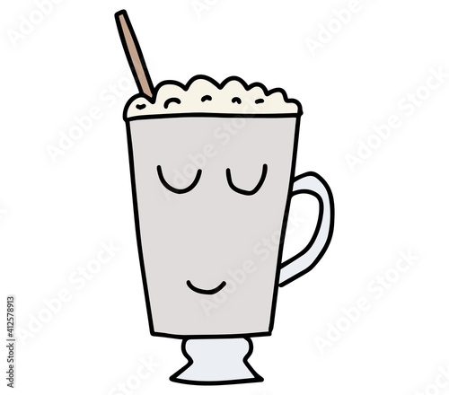 Cute Cup Of Coffee. Hand drawn lines cartoon characters. Cappuccino, americano, latte, mocha. Concept of hot drinks, morning and breakfast. Vector illustration.