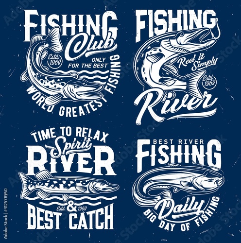 River fishing catch t-shirt print template with northern pike jumping out from water and catching bite on hook, sheatfish or catfish engraved vector. Fishing club emblem, apparel custom design print photo