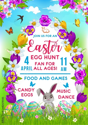 Easter holiday vector flyer with cute cartoon rabbits, decorated eggs, flowers, green blade grass, swallow and butterflies. Happy Easter christian spring celebration, invitation for egg hunt event
