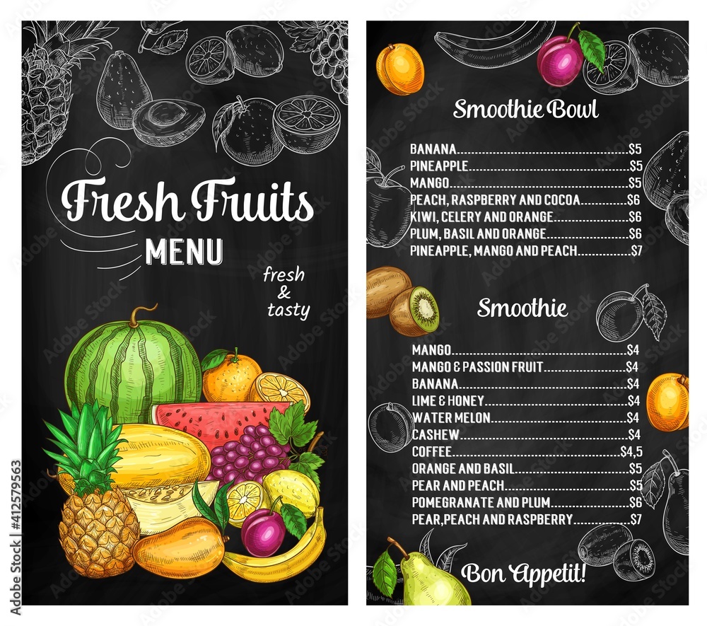 Fresh fruits vector sketch menu for smoothies natural drinks. Banana, pineapple and mango, peach, raspberry and cocoa, plum, basil and orange beverage list. Hand drawn fresh organic exotic assortment