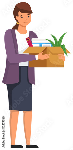 Layoff concept. Unhappy fired woman leave the office with things in box isolated on white background. Unemployment dismissal of fellow workers. Jobless, problems at work and in career, staff reduction