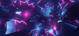 Video Game retro asteroid field. Virtual Reality space world in a block, cube effect. purple, pink and blue lights racing along a digital landscape. 3D render