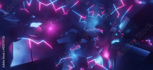 Video Game retro asteroid field. Virtual Reality space world in a block, cube effect. purple, pink and blue lights racing along a digital landscape. 3D render photo