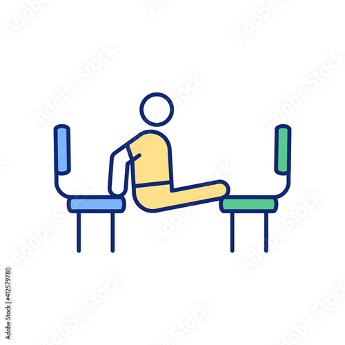 Press-ups between two chairs RGB color icon. Building chest muscles through chair push-ups. Home fitness. Working with shoulders, triceps and back. Increasing strength. Isolated vector illustration