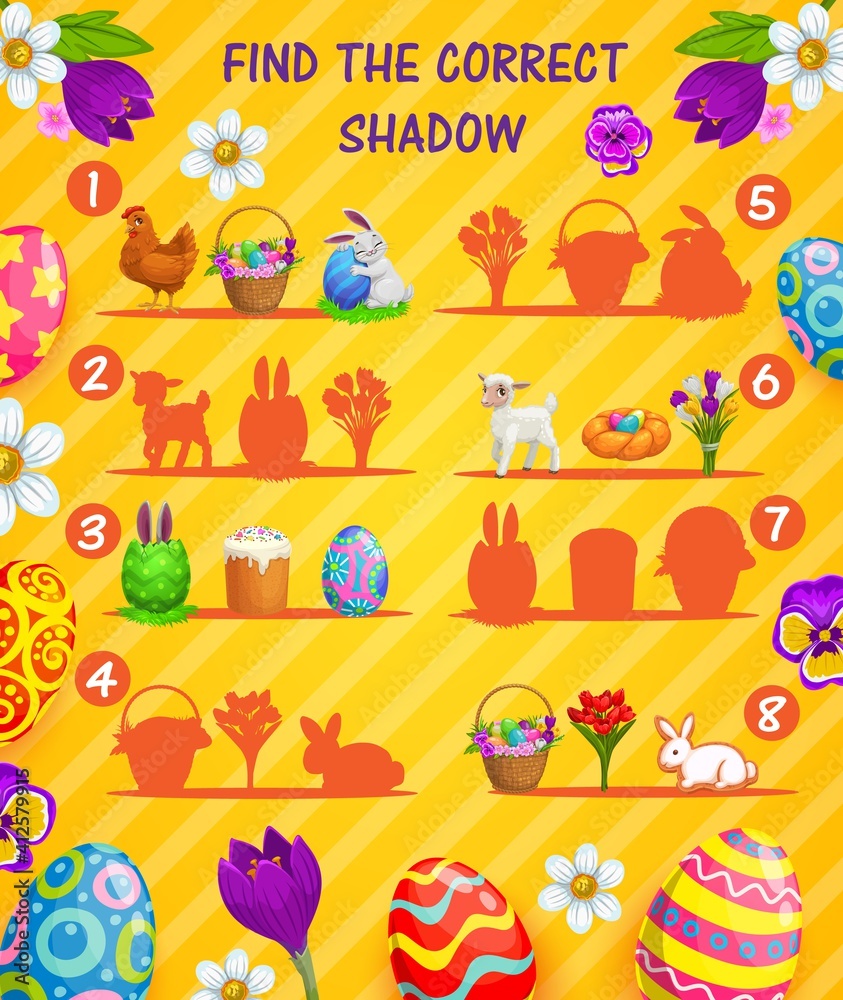 Find correct shadow vector kids game or puzzle with cartoon Easter eggs. Memory game of children education worksheet template with Easter egg hunt bunnies, spring flowers, chicks and sweet bread