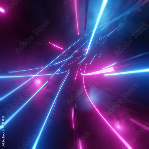 Abstract neon lights into digital technology tunnel. Futuristic technology abstract background with lines for network, big data, data center, server, internet, speed. 3D render