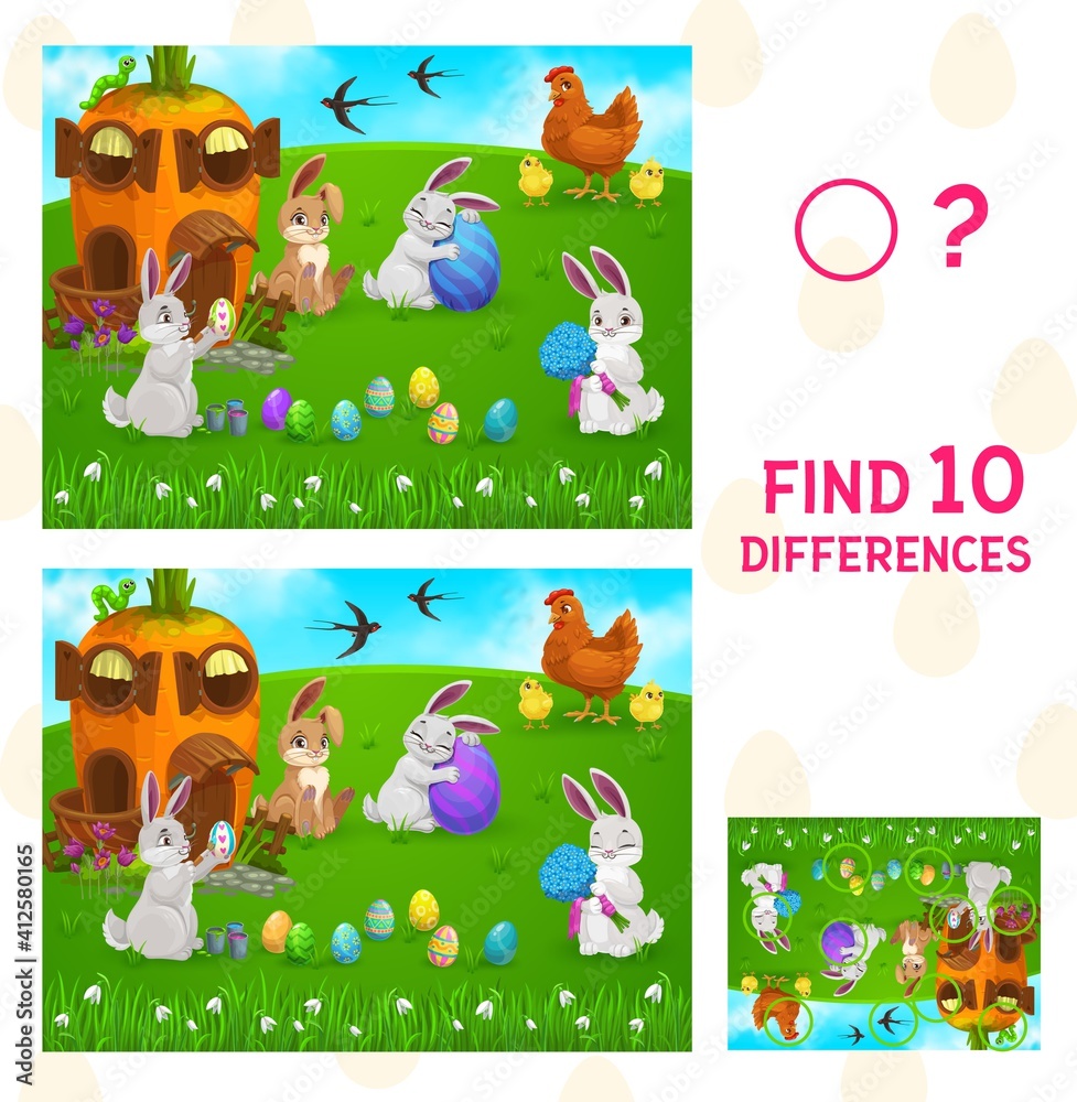 Obraz Find differences kids game with vector Easter egg hunt. Children education puzzle or spot 10 differences worksheet template with cartoon Easter bunnies, painted eggs, spring green grass and flowers