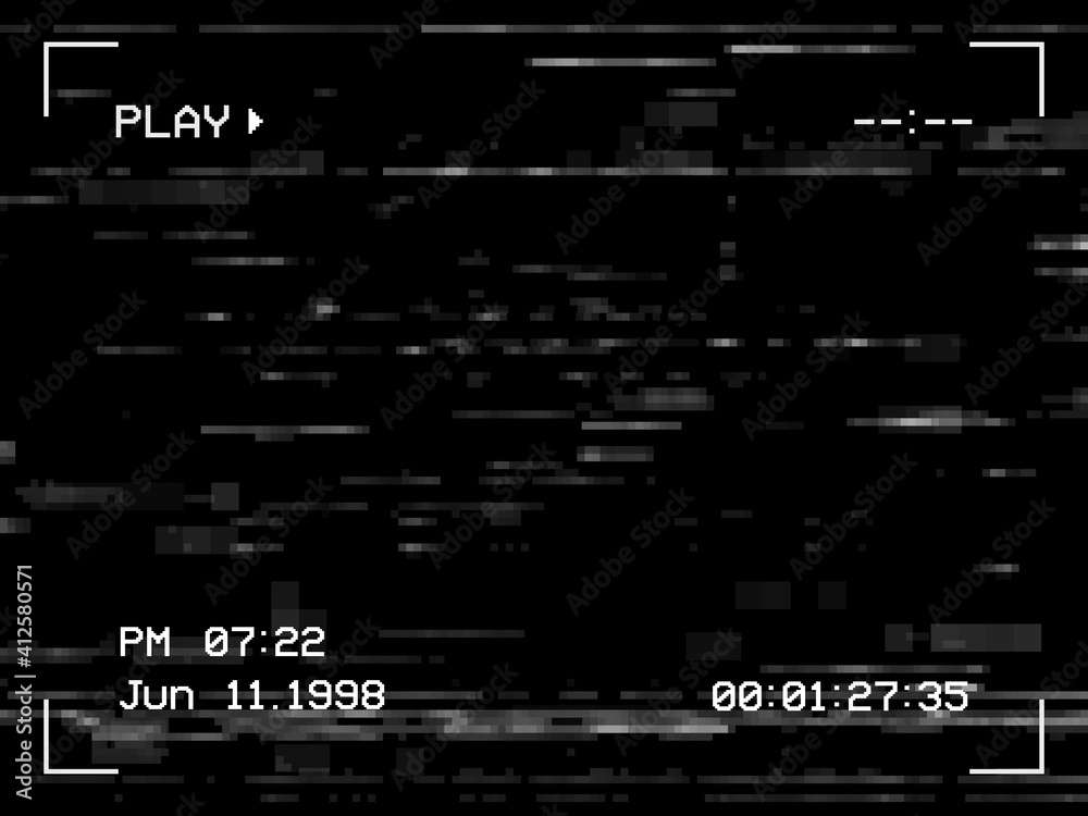 Play noise and glitch TV screen background, VHS tape video effect