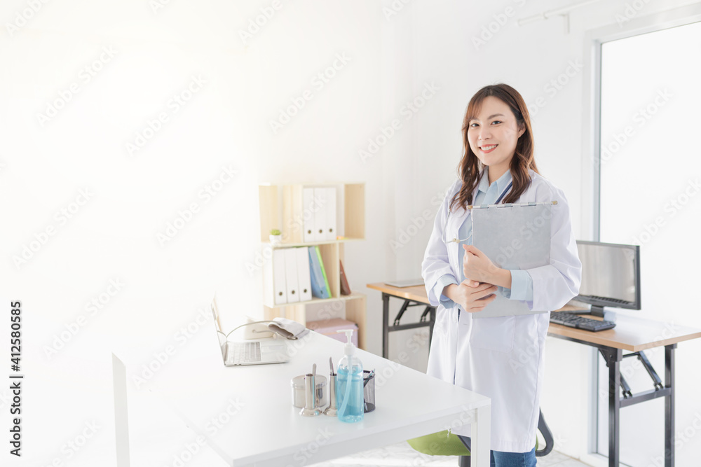 asian female doctor order medicine on patient chart on white background, treatment information
