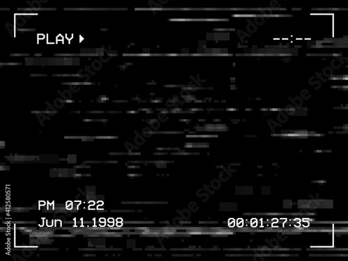 Play noise and glitch TV screen background, VHS tape video effect, vector. White noise on television display or camera viewfinder frame, digital pixel static error, glitch playback cassette distortion