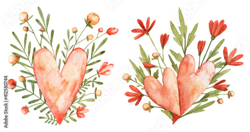 Watercolor illustration. Two heart shaped valentine cards with flowers