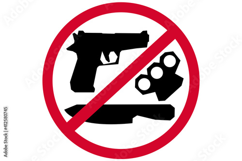 No weapons sign with red round and symbols of knife and gun photo