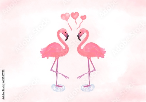 Watercolor illustration Framingos and pink hearts placed on light background, for Valentine's Day, Mother's Day, love card. © sopon