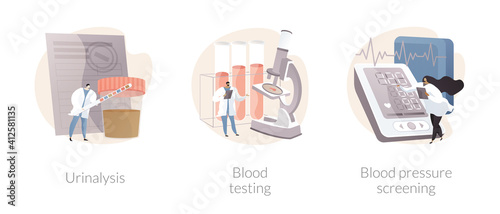 Clinical examination abstract concept vector illustration set. Urinalysis, blood testing and pressure screening, health problem detection, pregnancy test, microbiological laboratory abstract metaphor.