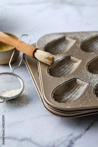 Shell shaped Madeleine pan. Copy space.