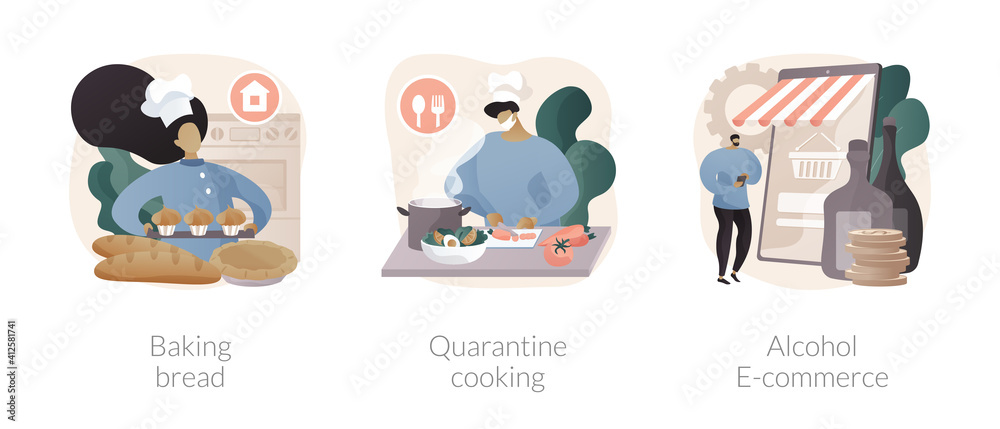 Fototapeta premium Homemade food and delivery abstract concept vector illustration set. Baking bread, quarantine cooking, alcohol e-commerce, family recipe, baking yeast, online grocery and wine abstract metaphor.