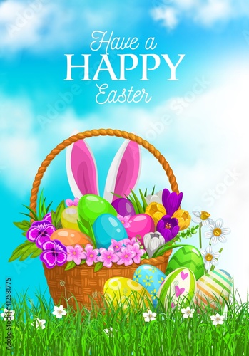 Easter egg hunt basket with bunny ears. Vector spring grass field with Easter eggs, rabbit, green grass blades and flowers of daffodils, crocuses and pansies, Christian religion holiday greeting card