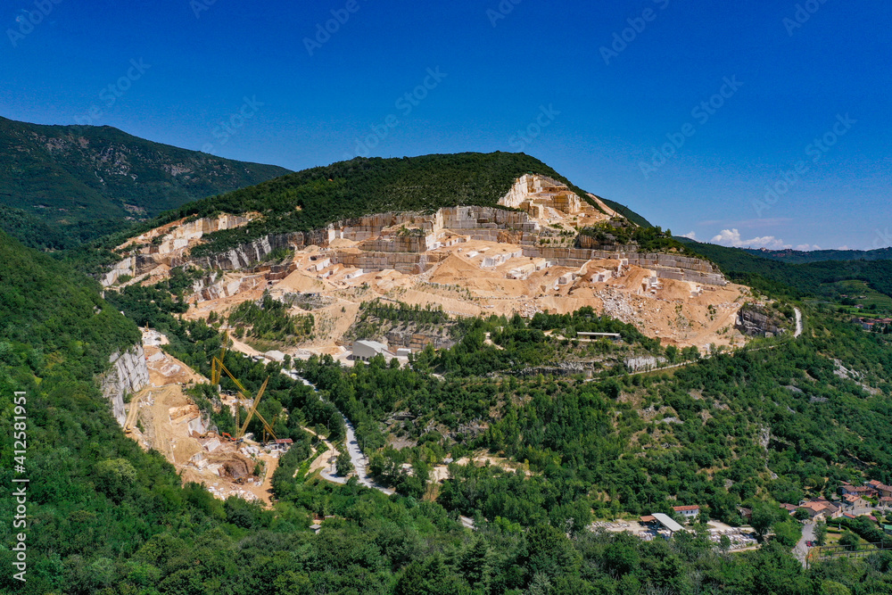 Aerial view by Drone - marble quarry in Italy, Botticino.
Italian Style Marmo Italiano.