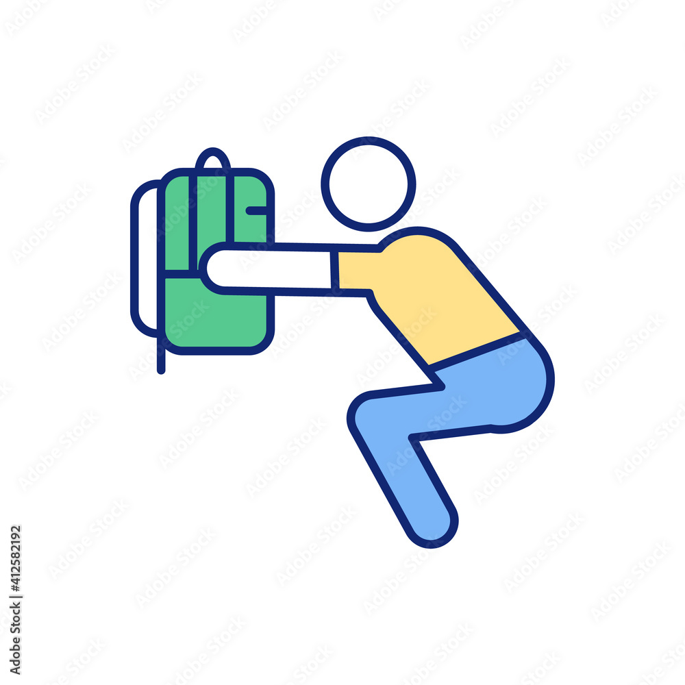 Backpack squats RGB color icon. Upper body exercises. Growing lower body muscles. Increasing strength and posture. Maintaining with quads, hamstrings and glutes. Isolated vector illustration