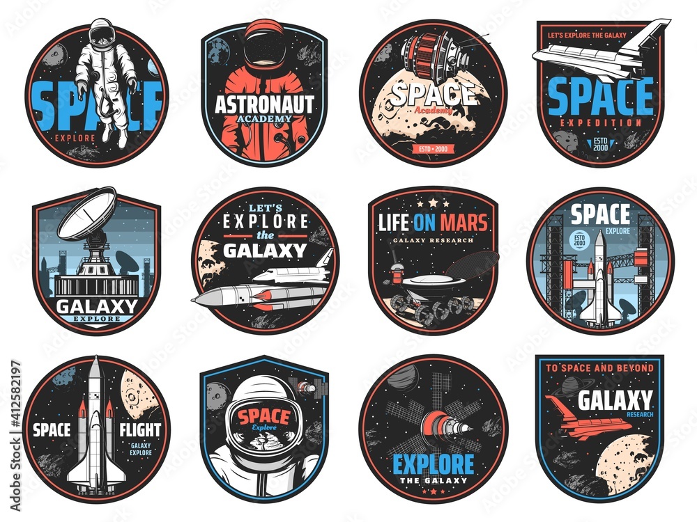 Space retro badges with vector astronauts, spaceships and universe ...