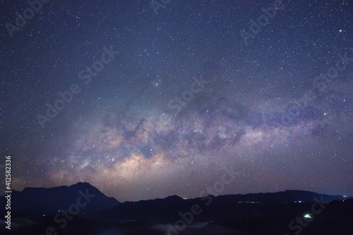 Clearly Milky Way Galaxy in the night sky. Image contains noise and grain due to high ISO. Image also contains soft focus and blur due to long exposure and wide aperture © Adanan