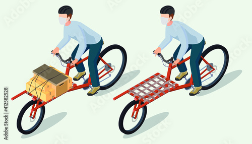 Isometric bicycle messenger making a delivery on a cargo bike; Set of bicycle messenger ride a cargo bike with a parcel box