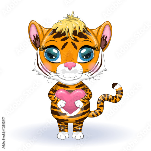 cute Tiger on a background of heart  love  valentines day concept