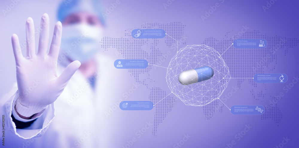 Obraz premium 3d illustration of a medical capsule and woman scientist making stop sign. Conceptual background about pharmaceutical research against pandemic infection.