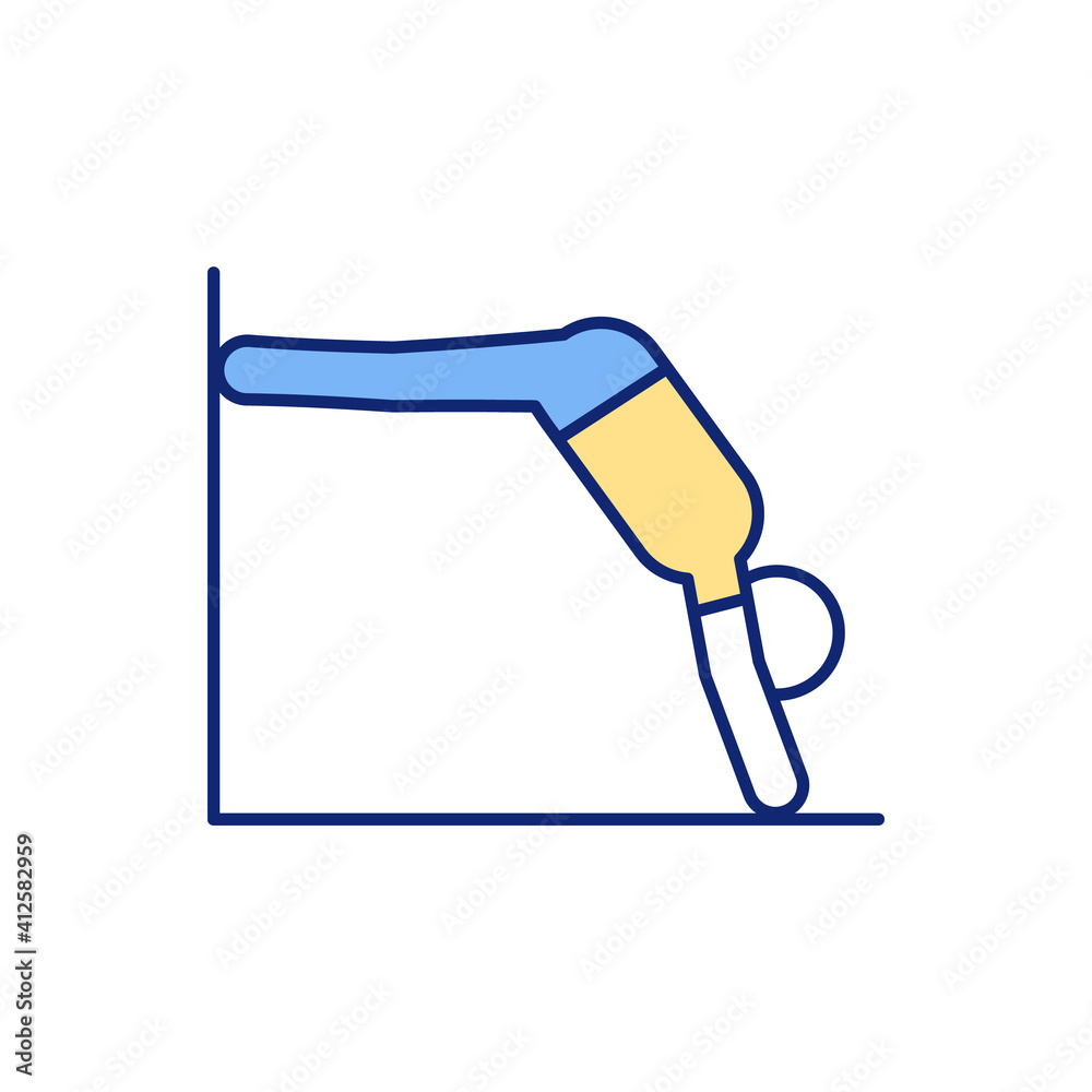 Legs-up-the-wall pose RGB color icon. Easing mild backache. Restorative yoga posture. Relieving stress and tired legs, feet. Stretching hamstrings and neck back. Isolated vector illustration Legs-up-the-wall pose RGB color icon. Easing mild backache. Restorative yoga posture. Relieving stress and tired legs, feet. Stretching hamstrings and neck back. Isolated vector illustration