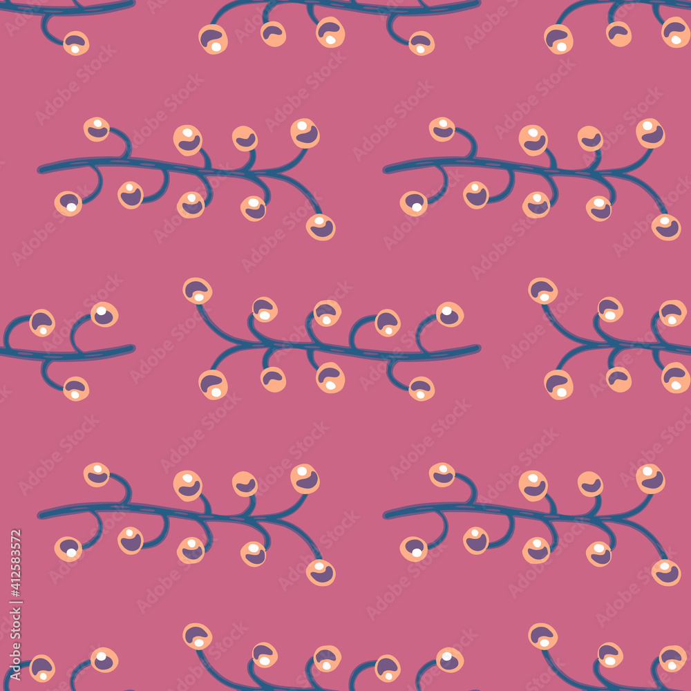 Blossom seamless flora pattern with navy blue colored berry branches ornament. Pink background.