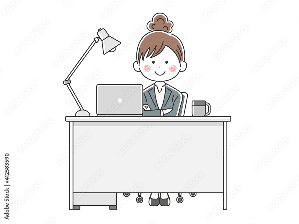 デスクでノートパソコン作業をする日本人ビジネスウーマンのイラスト