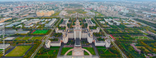 Large panorama perspective view of  Lomonosov Moscow State University campus on Sparrow Hills in summer, Russia. Top view aerial cityscape from the drone.